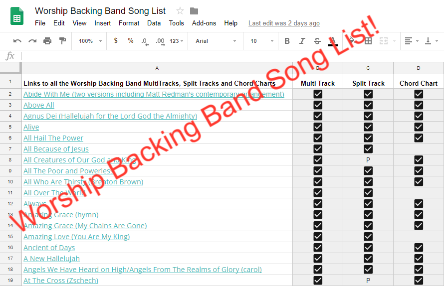 Worship Backing Band Master Song List